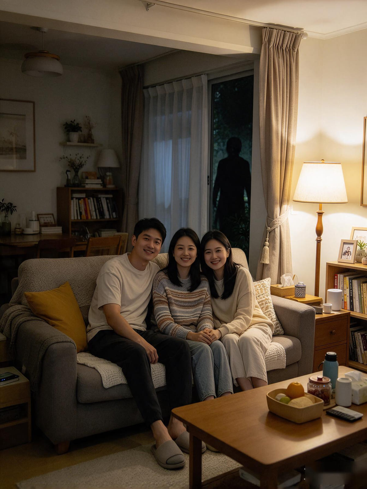 Family photo on a sofa with a dark figure standing outside the window behind the curtains
