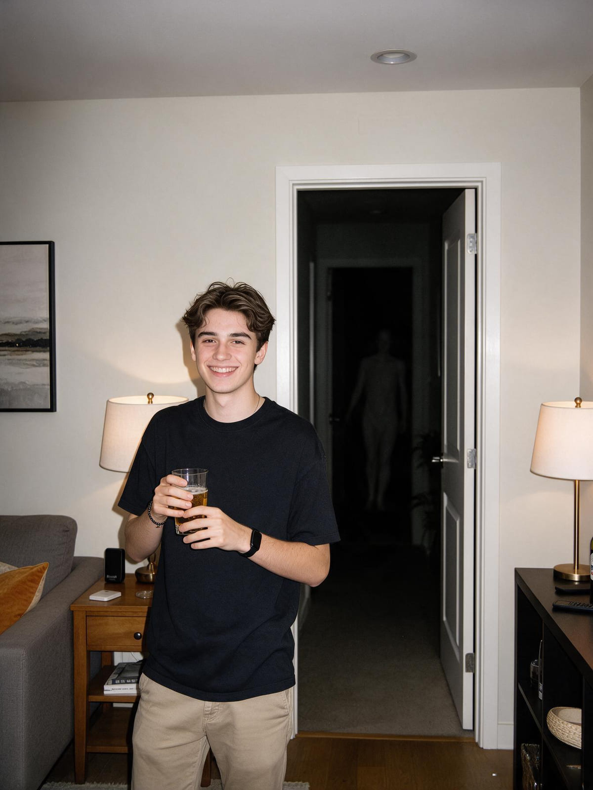 Party photo with a pale figure standing in the dark doorway behind the person