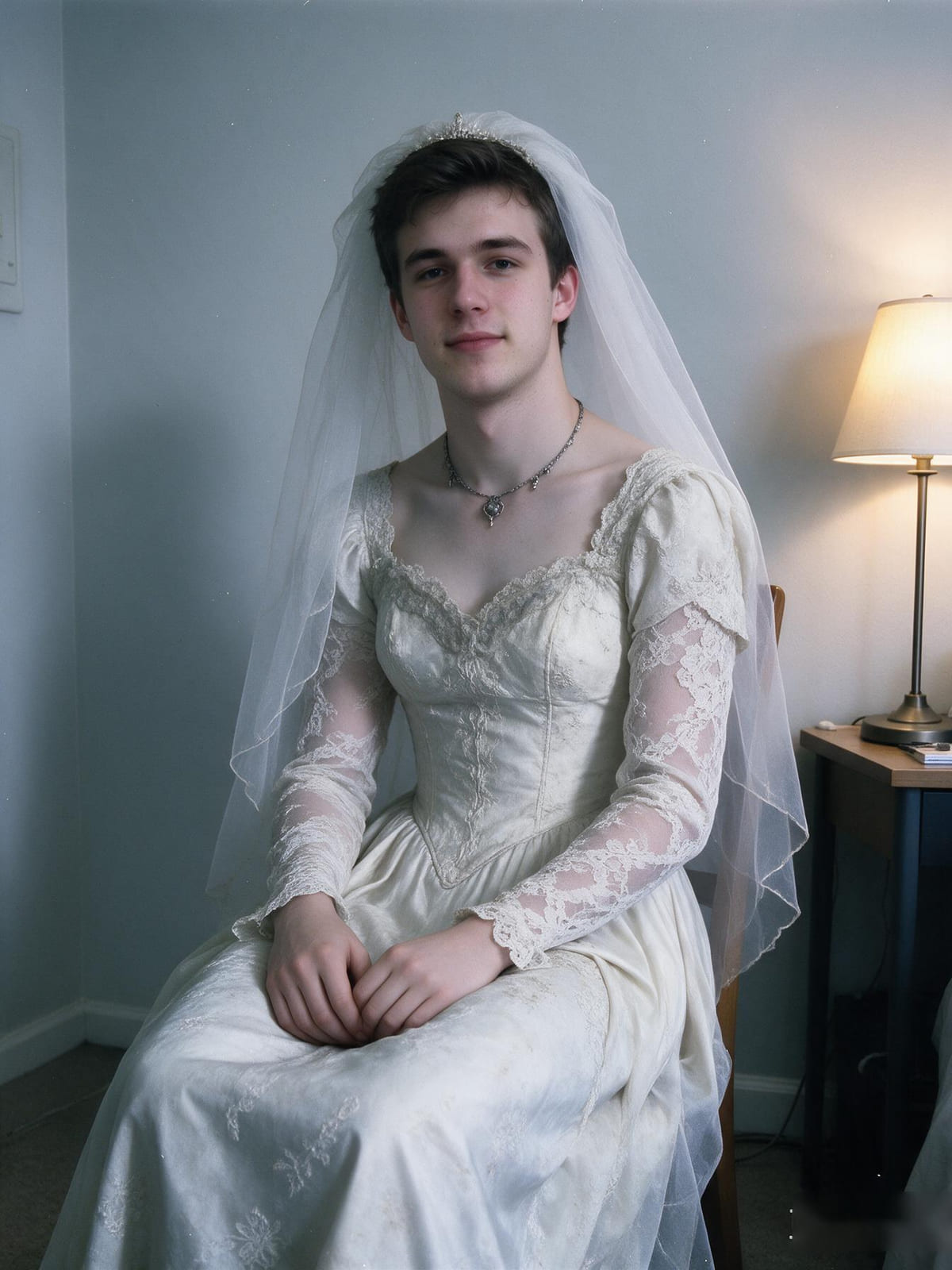 Portrait turned into a ghost bride in a white lace wedding dress and veil