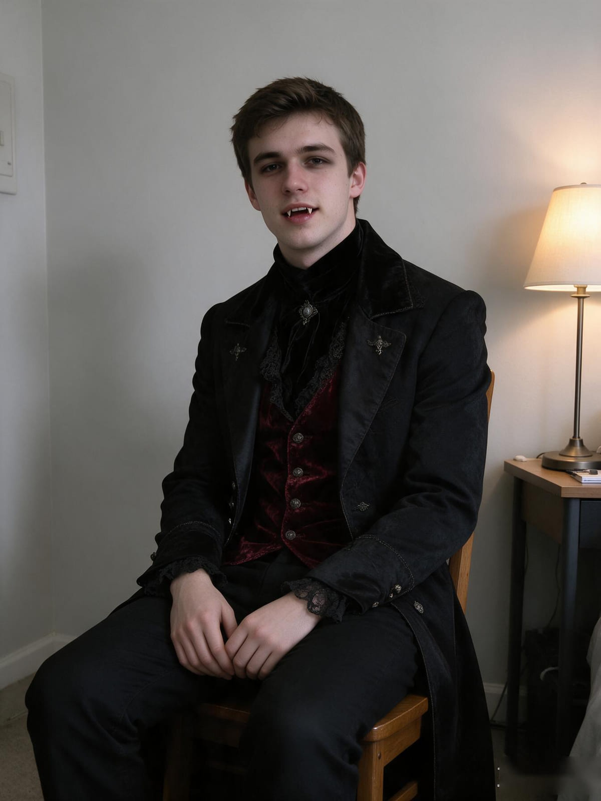 Portrait turned into a vampire aristocrat in a black velvet coat and red waistcoat