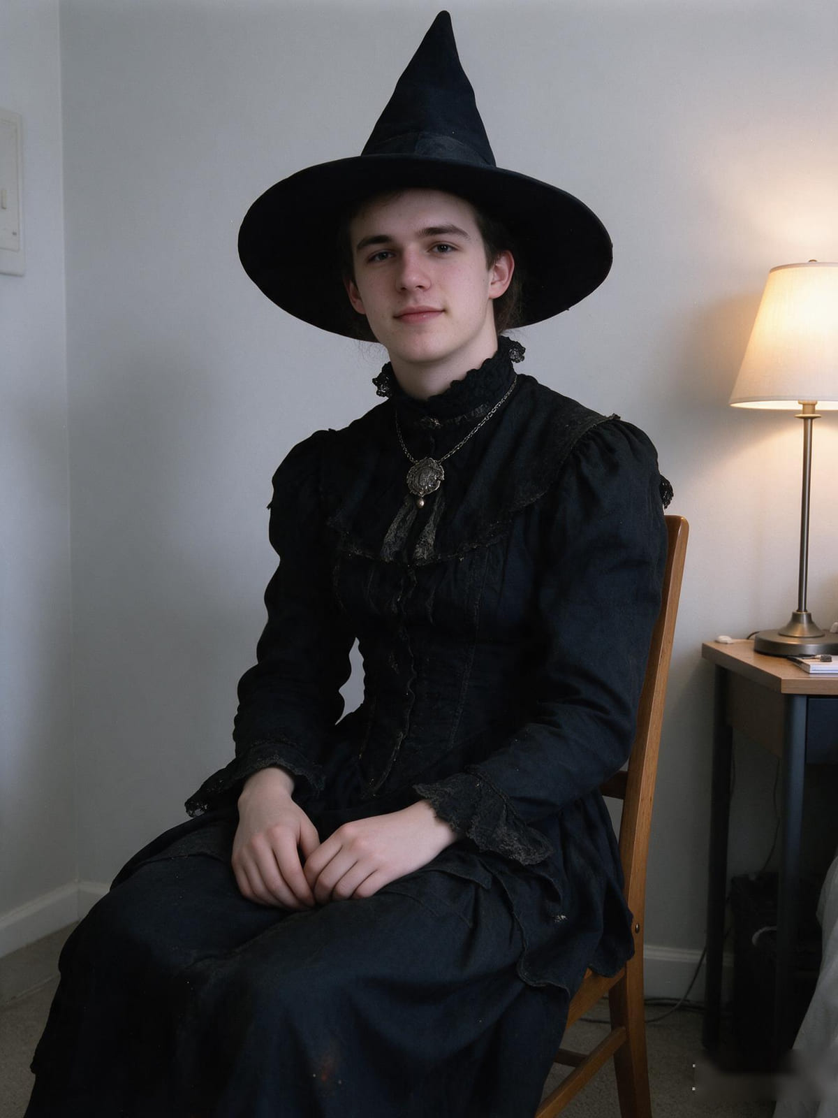 Portrait turned into a vintage witch in a wide black hat and dark dress, shot on 90s film