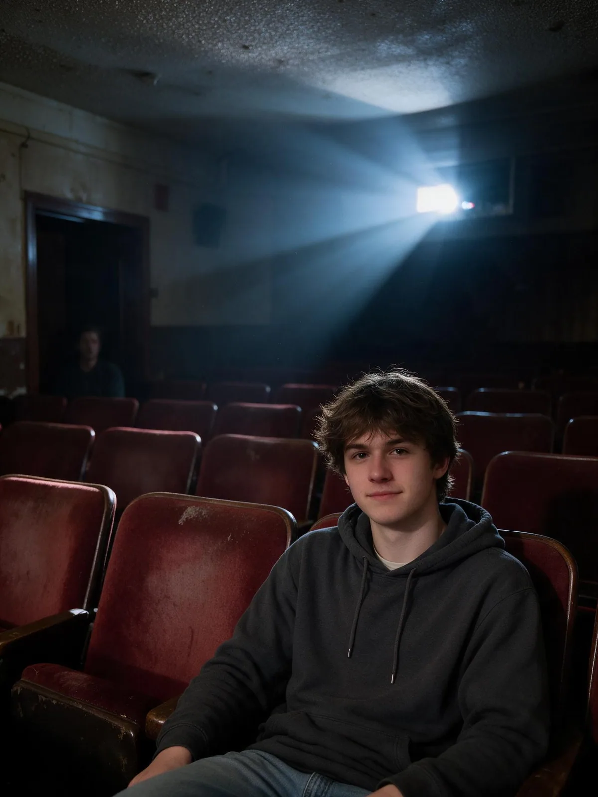 Creepy Halloween cinema scene with an unsettling figure among the seats