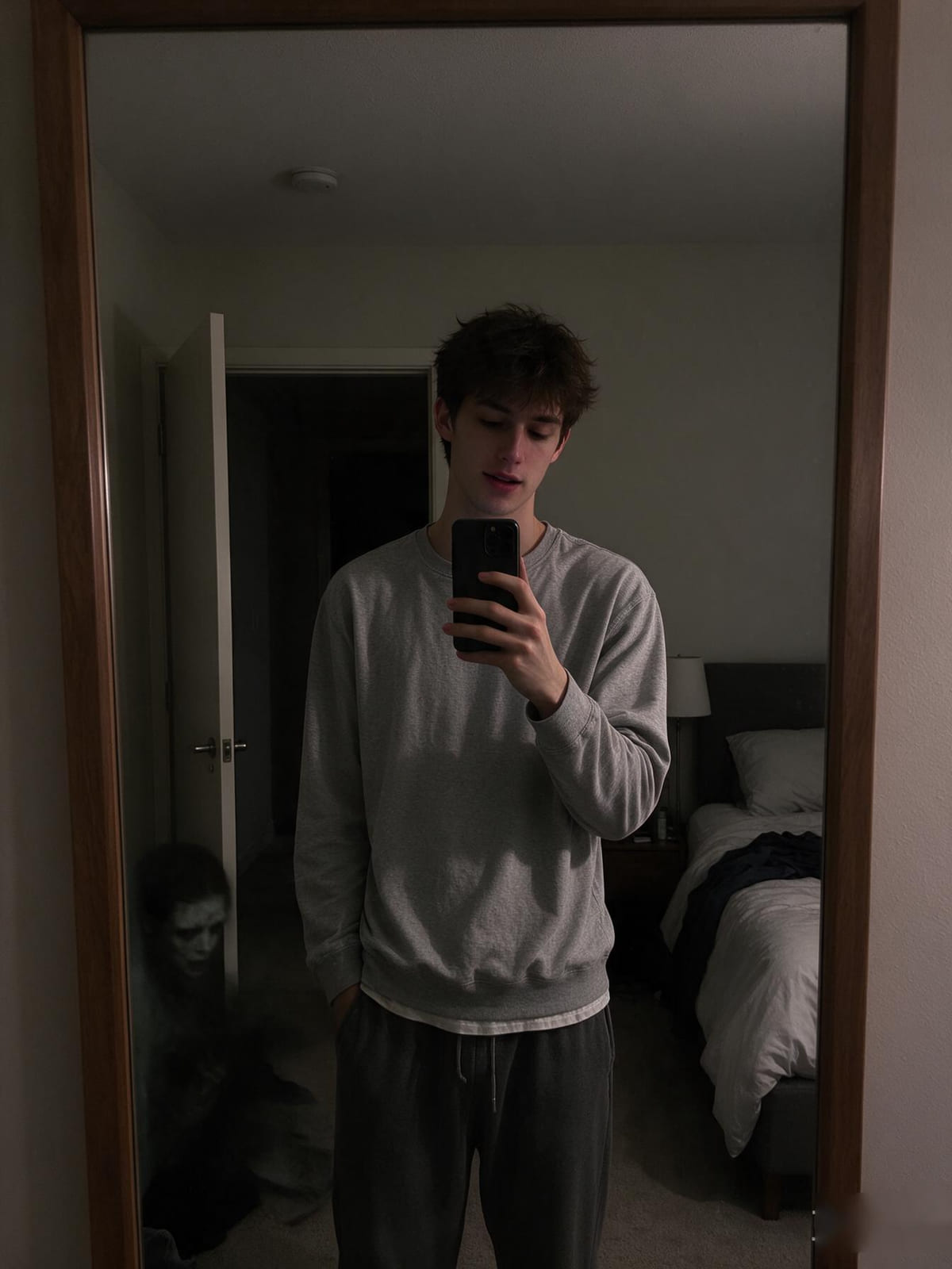 Bedroom mirror selfie where a pale face appears in the reflection beside the person
