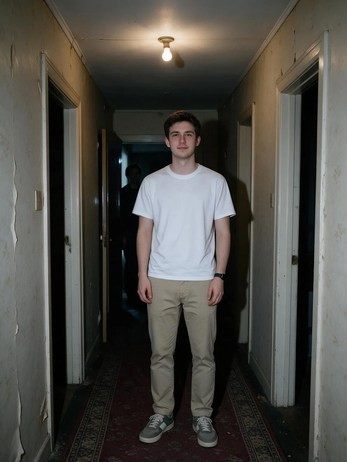Person in a haunted hallway with a mysterious figure in the distance