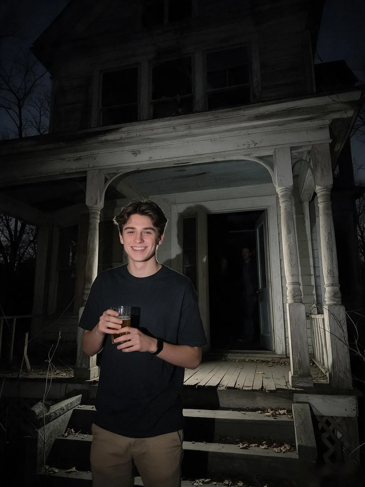 Person outside a haunted house with a mysterious presence inside