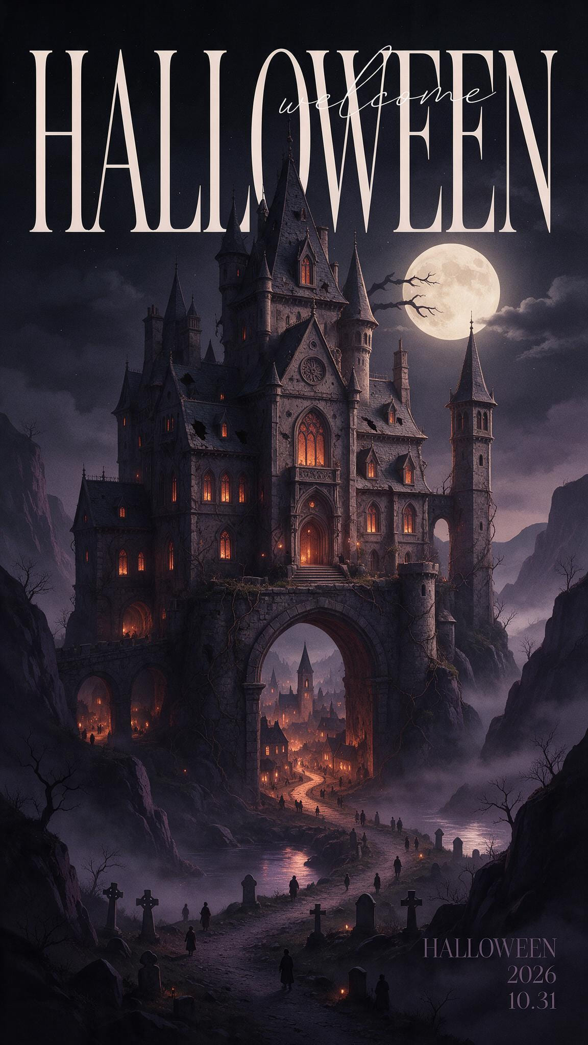 Gothic Halloween poster with a candlelit castle towering over a tiny town under a full moon